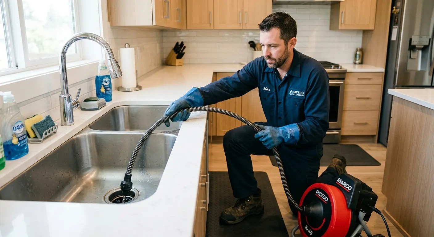Drain cleaning technician using a motorized snake on a kitchen sink in Litchfield Park