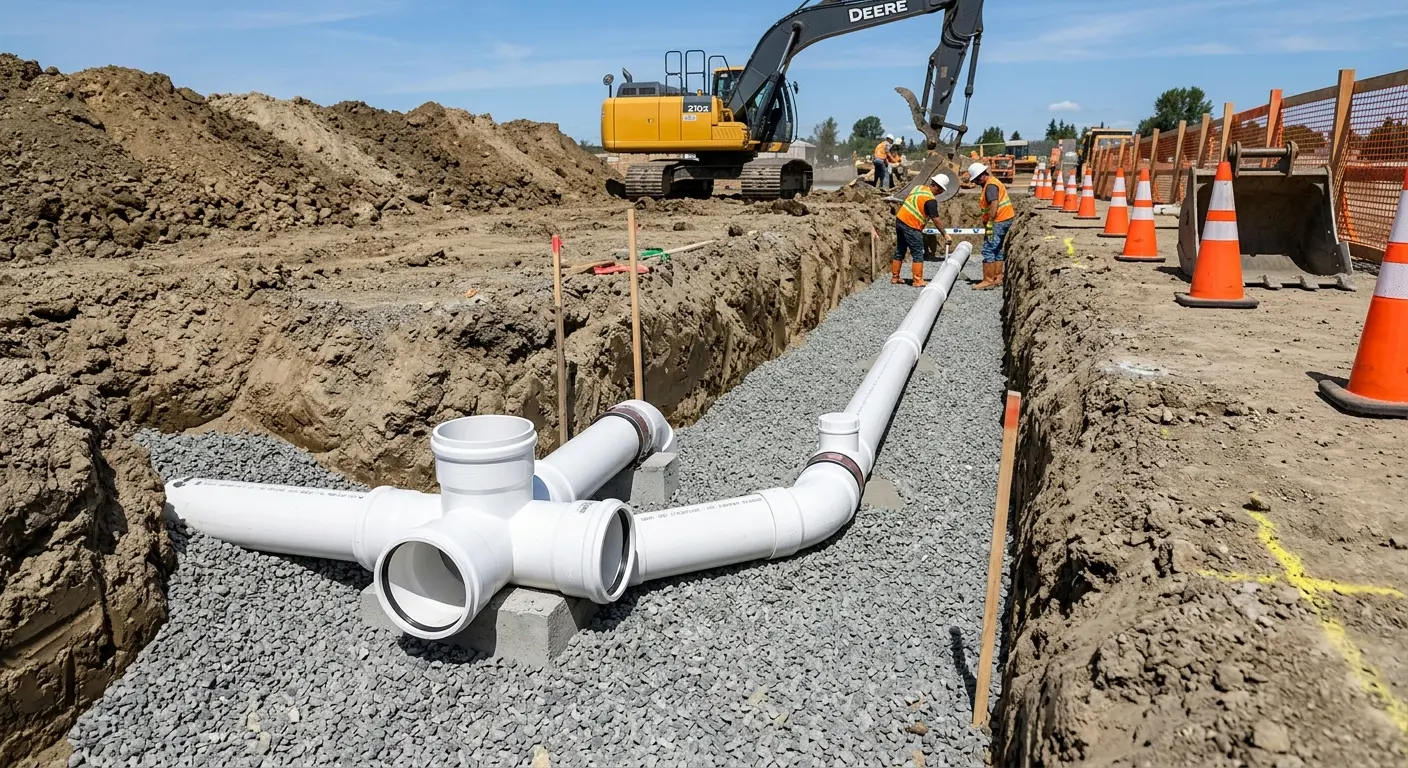New PVC sewer pipe installation in open trench for Sewer Backup in Litchfield Park