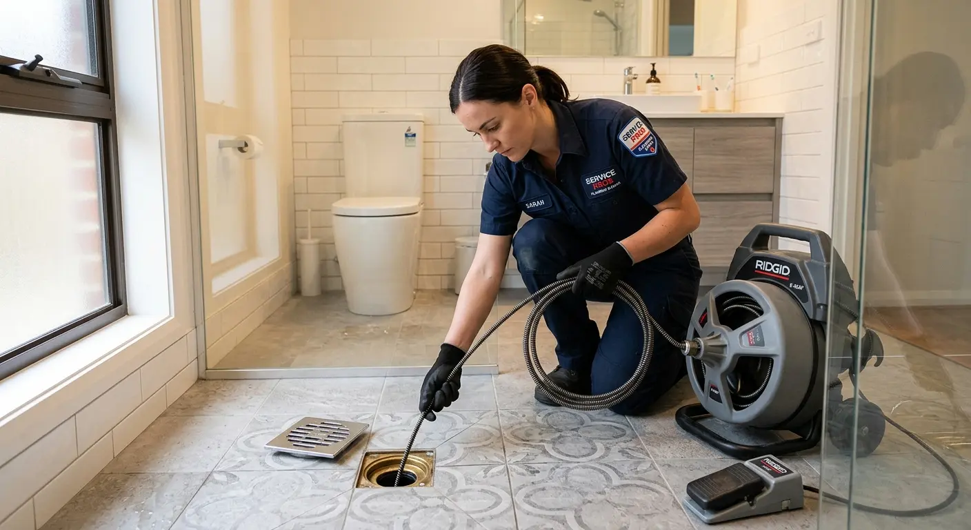 Technician clearing a bathroom floor drain for Sewer Line Installation in Litchfield Park